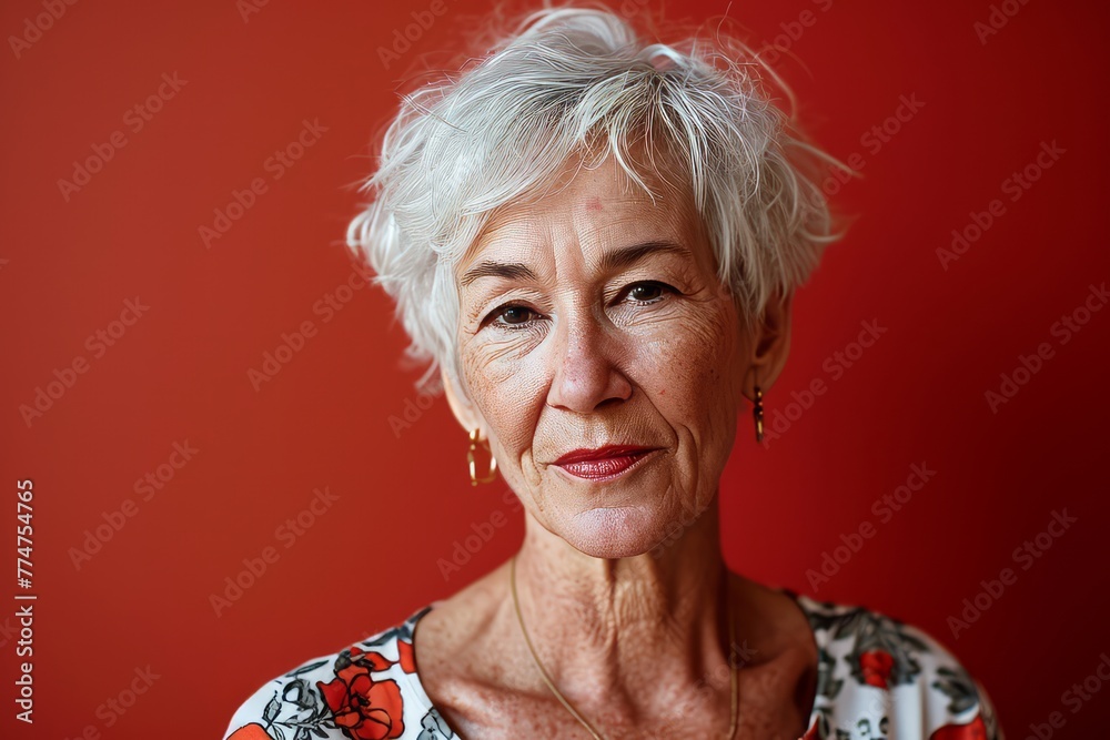 Portrait of a senior woman on a red background. Studio shot. Portrait of a senior woman on a red background. Studio shot.