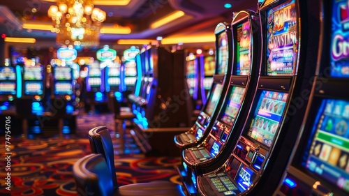 Slot machines in a row at a casino - A vibrant image showcasing a row of colorful slot machines, capturing the essence of casino gaming excitement