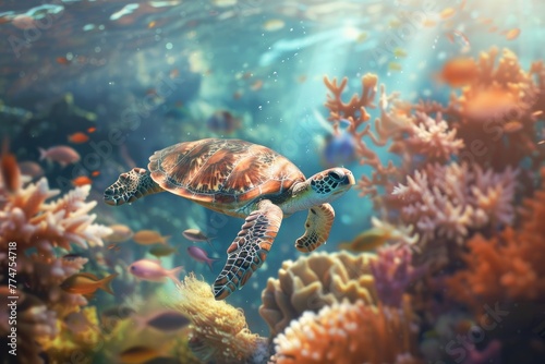 Green sea turtle swimming on coral reef. Underwater world
