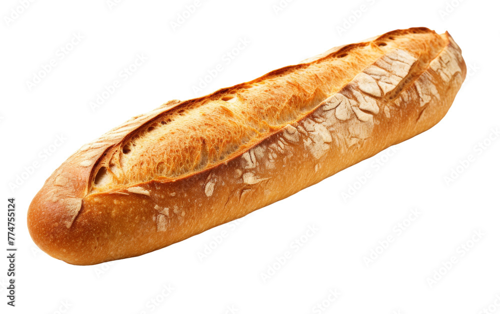 A long loaf of bread sits gracefully on a white background A long loaf of bread sits gracefully on a white background