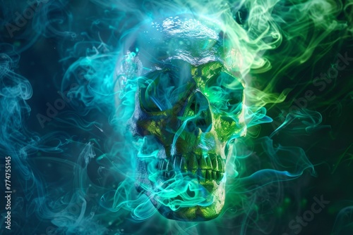 A human skull enveloped in colorful, swirling smoke against a dark background, creating a mystical and eerie atmosphere.