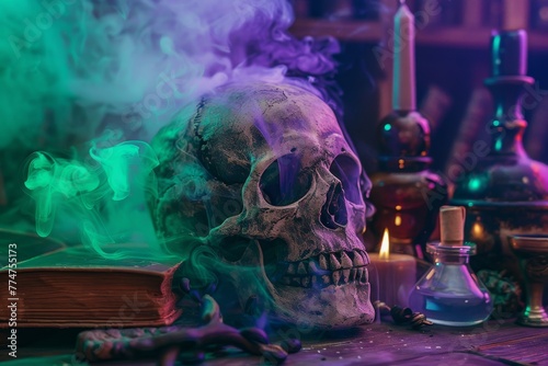 An aged skull amidst alchem...