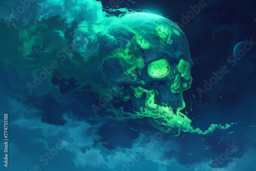 A digital artwork of a neon green skull appearing to dissolve into cosmic smoke clouds with a celestial backdrop.