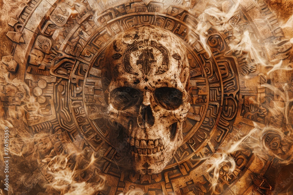 A weathered skull overlaid with Mayan symbols and engravings sits in a mystical mist, suggesting an archaeological discovery of historical significance.
