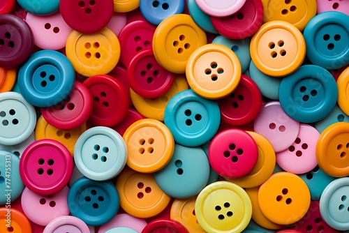 A cluster of assorted colorful buttons arranged in a pattern isolated on white solid background photo
