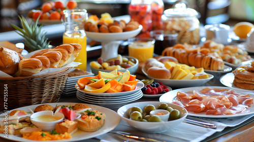 Breakfast buffet with fresh fruits and cakes on a table photo