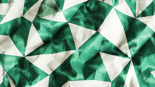 Abstract triangular geometric pattern design - An abstract pattern with white and green triangles creating a three-dimensional illusion on a fabric texture