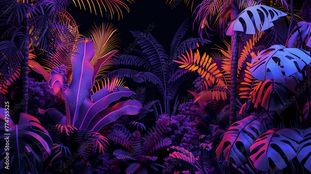 Vibrant tropical leaves and monstera plants illuminated by neon light. AI generative.