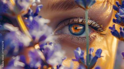 Beautiful woman eye with lavender flowers. Closeup portrait.