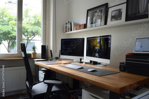 Modern minimalist home office with tech gadgets