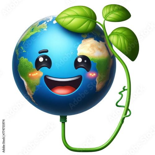 Green Earth Cartoon Emoji Planet with Sprout Smiling Face of 3D Planet Icon. Plantation Theme, Save Green Planet Concept. Earth Day, ecology, nature, and environment conservation concept. 