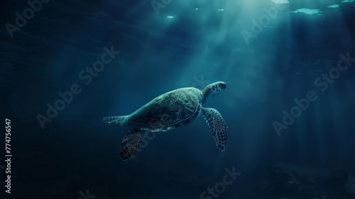 Sea turtle among underwater light rays - Atmospheric underwater scene with a sea turtle immersed in light rays filtering through the water's surface