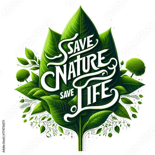 Eco-friendly symbol. Save Nature Stop Deforestation with text Save life, Save Nature on Geen Leaves. Green Planet Concept. Earth Day, ecology, nature, and Environment Plantation concept
