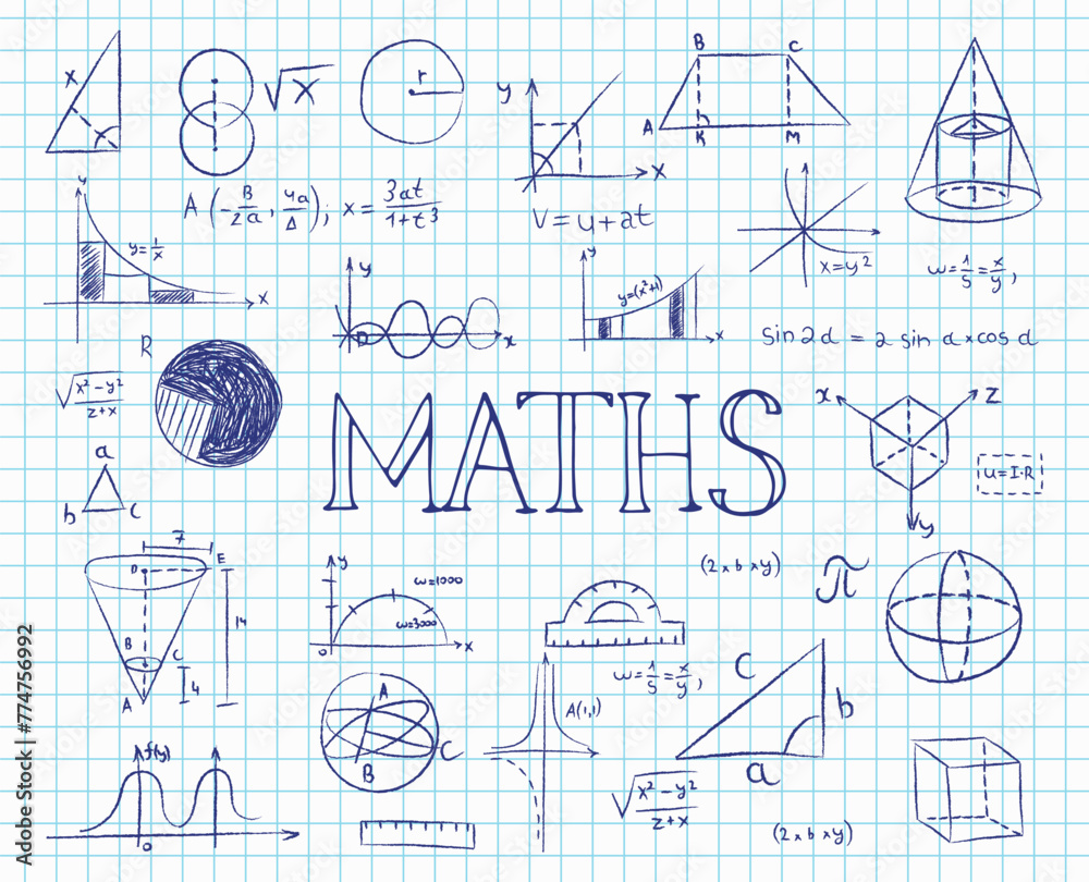Maths doodle with formulas, numbers and objects. Concept of education and home-based online learning. School lesson math, numbers, formulas, graphics, equations. Hand drawn illustration.