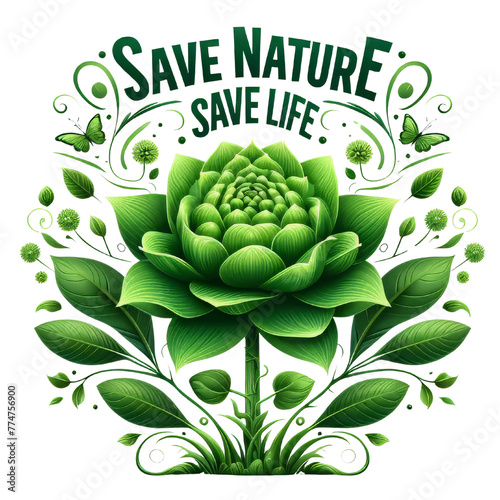 Eco-friendly symbol. Save Nature Stop Deforestation with text Save life, Save Nature on Geen Leaves. Green Planet Concept. Earth Day, ecology, nature, and Environment Plantation concept
