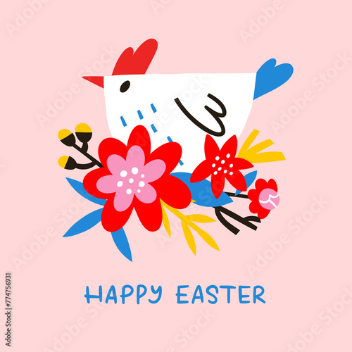 Easter chicken and flowers greeting card with lettering. Cute hand drawn holiday chick with floral composition. Happy Easter typography for sweet trendy holiday poster.