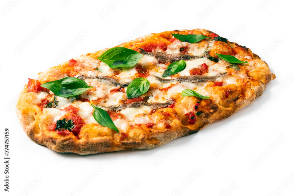 Deliziosa pinsa romana condita con acciughe, pomodoro e mozzarella, cibo italiano Deliziosa pinsa romana condita con acciughe, pomodoro e mozzarella, cibo italiano