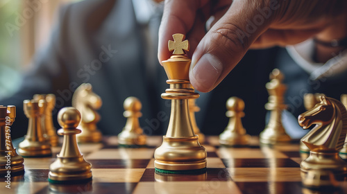 Businessman playing chess, business strategy concept, leader and success.