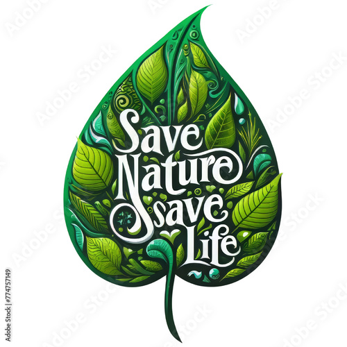 Eco-friendly symbol. Save Nature Stop Deforestation with text Save life, Save Nature on Geen Leaves. Green Planet Concept. Earth Day, ecology, nature, and Environment Plantation concept
