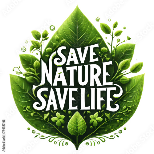 Eco-friendly symbol. Save Nature Stop Deforestation with text Save life, Save Nature on Geen Leaves. Green Planet Concept. Earth Day, ecology, nature, and Environment Plantation concept
