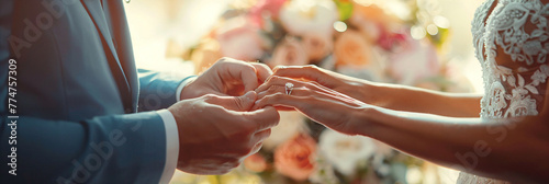 Bride and groom exchanging wedding rings, focused on hands. Wedding ceremony and love concept. Candid moment with natural light for design of wedding invitations and photo albums