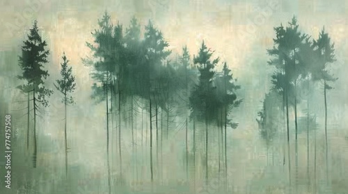 Foggy Forest A Serene Scene of Pine Trees in the Mist Generative AI