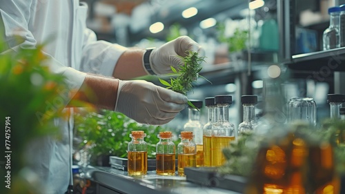 Images of a scientist extracting CBD oil from cannabis for use in a medical science facility. extraction of hemp oil Machine for Thin Film Distillation in Laboratory Plant Operations.