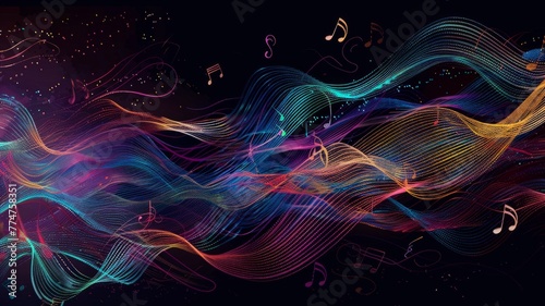 Dark abstract background with colorful wavy lines - This rich, dark abstract background features vibrant wavy lines and floating music notes, evoking a sense of energy and rhythm