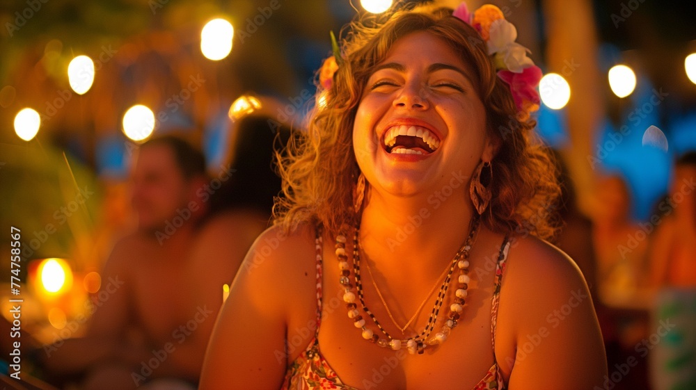 An gorgeous, chubby white woman laughing during a nighttime beach party An gorgeous, chubby white woman laughing during a nighttime beach party