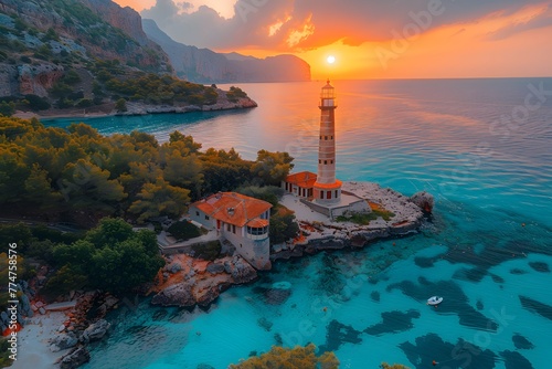 Aerial View of Lighthouse in Open Ocean photo