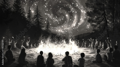 Pencil draw of Alot of people sitting around a campfire under the night sky full of star photo