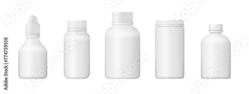 3d blank template medical packaging for pill, liquid medication. Realistic vector packaging medicine bottles for cosmetics vitamins pills, capsules. Pillbox, antibiotic cure. Mockup of plastic bo