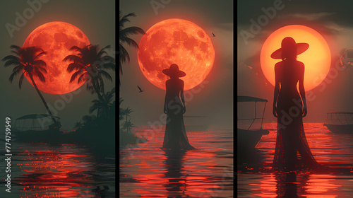 A serene scene depicting a lone woman's silhouette against an enormous moon in a tropical setting at dusk photo