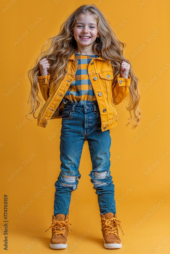 A beautiful smiling little girl with long blonde hair, wearing a denim outfit and a checkered shirt, studio photo on a yellow background A beautiful smiling little girl with long blonde hair, wearing a denim outfit and a checkered shirt, studio photo on a yellow background