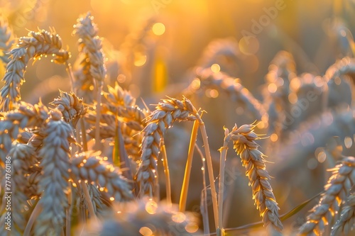 Golden wheat field under a colorful sunset sky