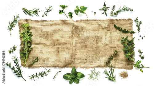 Natural burlap fabric jute and fresh herbs on table photo