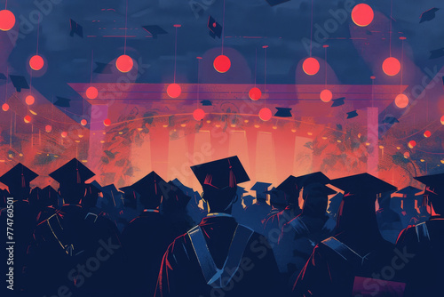 Silhouette of crowd graduate students with graduation caps. Graduation event, illustration photo