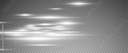 Set of realistic vector white stars png. Set of vector suns png. White flares with highlights. Horizontal light lines, laser, flash. White special effect, magic of moving fast motion laser beams.