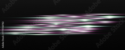 Set of realistic vector green stars png. Set of vector suns png. Red flares with highlights. Horizontal light lines, laser, flash. Red green special effect, magic of moving fast motion laser beams.