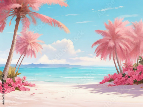Pink Beach With Palm Trees. Pink Vacation. Fresh Summer. Holidays. Imagination. 