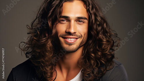 Portrait of an elegant sexy smiling Latino man with perfect skin and long hair, on a gray background. photo