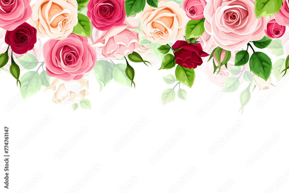 Floral horizontal seamless background with red, pink, and white rose flowers and green leaves. Vector horizontal seamless border - obrazy, fototapety, plakaty 