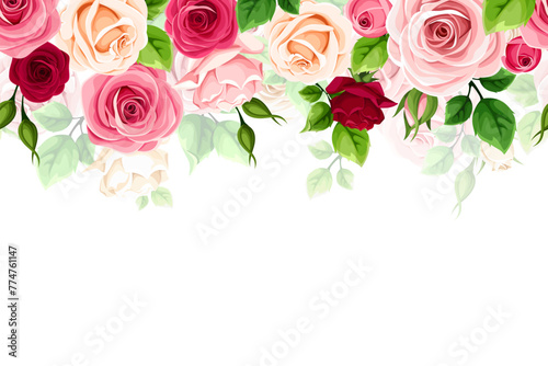 Floral horizontal seamless background with red, pink, and white rose flowers and green leaves. Vector horizontal seamless border