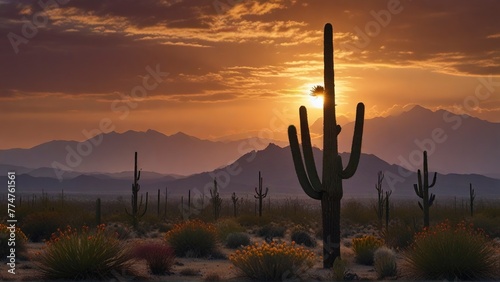 A vividly fading desert sunset, the sky ablaze with warm tones of orange, pink, and purple casting a hazy glow over the silhouetted cacti. The resilient plants stand tall against the backdrop . photo