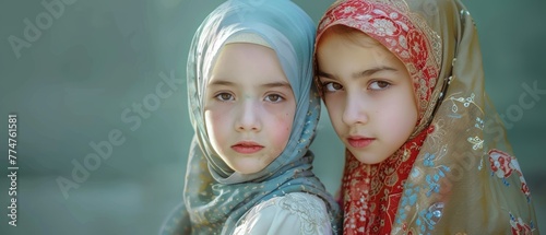 The concept of friendship between religious groups: a muslim and a Christian girl photo