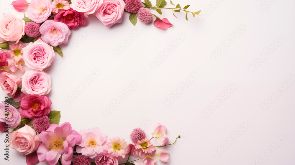 Fototapeta premium Spring soft pink flowers on a white background, top view. Flat lay with flowers, copy space for text. Minimalistic composition of different flowers for banners or cards