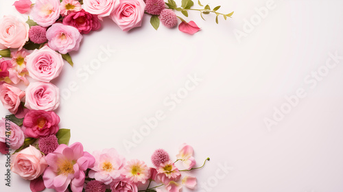 Spring soft pink flowers on a white background  top view. Flat lay with flowers  copy space for text. Minimalistic composition of different flowers for banners or cards