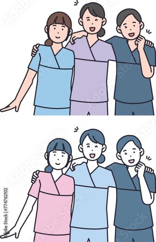 three nurses with put arms around each other's shoulders © 정의 장