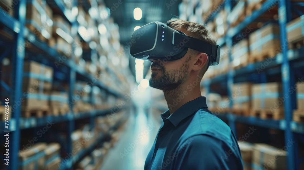 Supply Chain VR, Analysts in a warehouse setting use VR headsets to simulate and improve logistics networks, showcasing advanced virtual technology applications Supply Chain VR, Analysts in a warehouse setting use VR headsets to simulate and improve logistics networks, showcasing advanced virtual technology applications