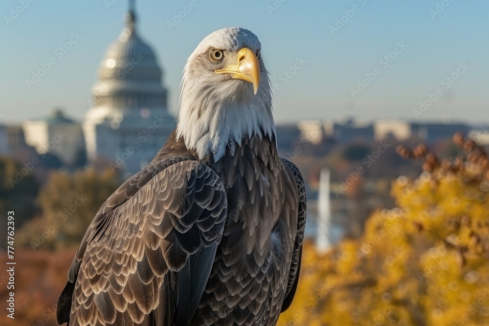 Obraz premium Close-up portrait of a bald eagle, symbol of the United States of America, against the backdrop of the Capitol in Washington DC